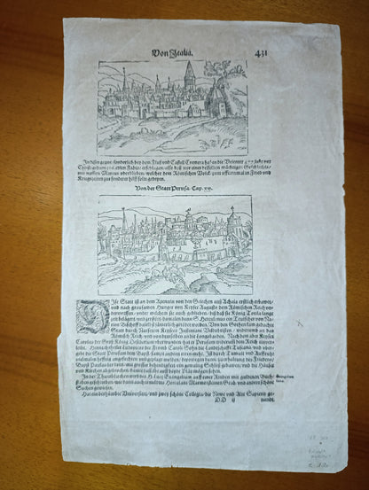 Impression folio avec des représentations de Pérouse et de Spolète, de "De Bierdte Buch", début du XVIIe siècle