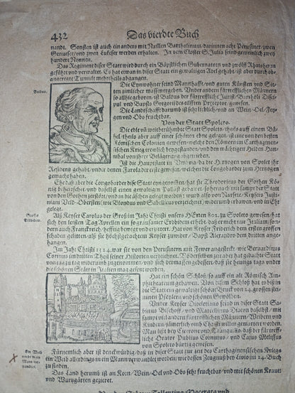 Impression folio avec des représentations de Pérouse et de Spolète, de "De Bierdte Buch", début du XVIIe siècle