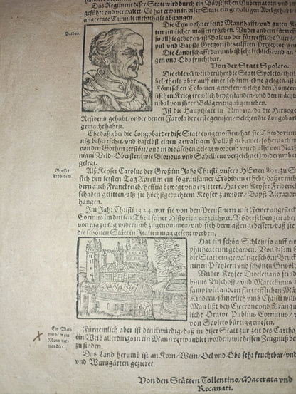 Impression folio avec des représentations de Pérouse et de Spolète, de "De Bierdte Buch", début du XVIIe siècle