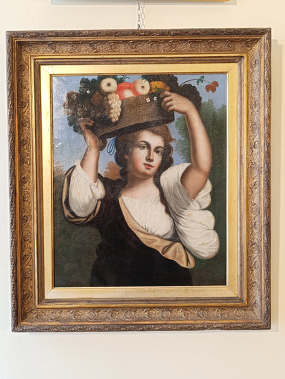 Tableau de maître ancien, école anglaise (XVIIIe-XIXe siècle) - Jeune fille au panier de fruits