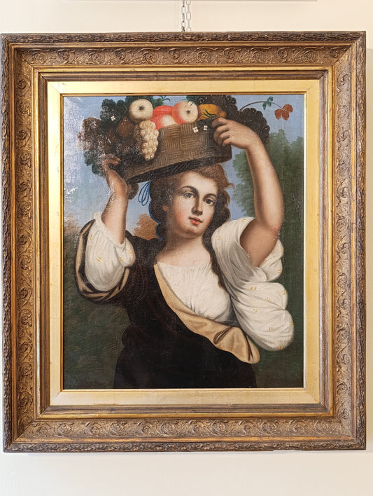 Tableau de maître ancien, école anglaise (XVIIIe-XIXe siècle) - Jeune fille au panier de fruits