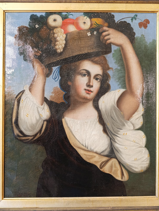 Tableau de maître ancien, école anglaise (XVIIIe-XIXe siècle) - Jeune fille au panier de fruits