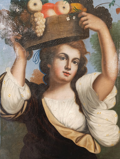 Tableau de maître ancien, école anglaise (XVIIIe-XIXe siècle) - Jeune fille au panier de fruits