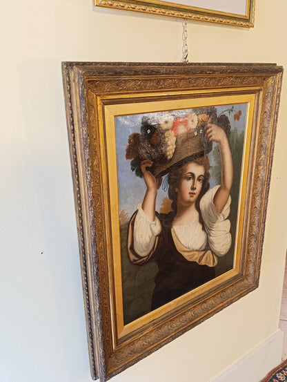 Tableau de maître ancien, école anglaise (XVIIIe-XIXe siècle) - Jeune fille au panier de fruits