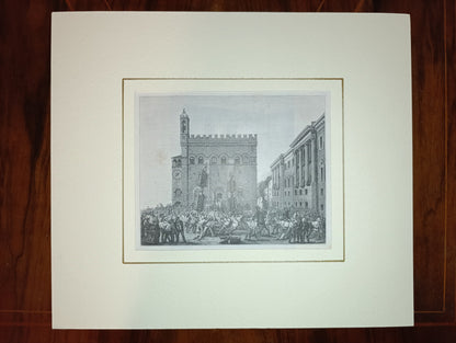 Gravure sur bois de la fin du XIXe siècle représentant la "Course Gubbio Ceri"