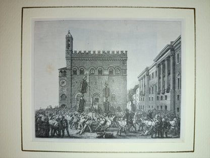 Gravure sur bois de la fin du XIXe siècle représentant la "Course Gubbio Ceri"