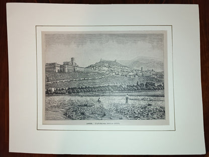 Gravure sur bois ancienne de la fin du XIXe siècle représentant une vue d'Assise