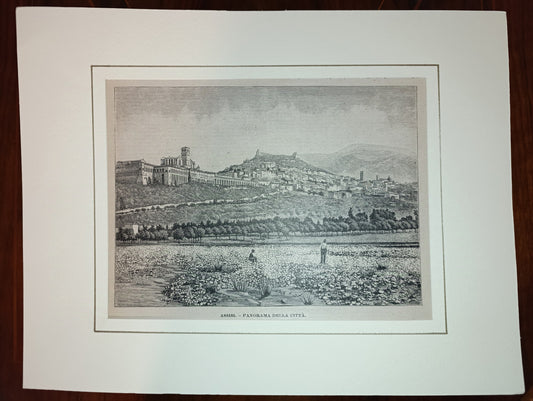Gravure sur bois ancienne de la fin du XIXe siècle représentant une vue d'Assise