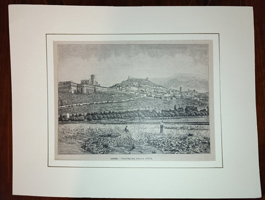 Gravure sur bois ancienne de la fin du XIXe siècle représentant une vue d'Assise