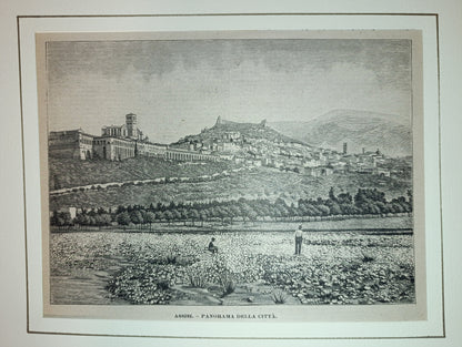 Gravure sur bois ancienne de la fin du XIXe siècle représentant une vue d'Assise