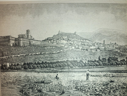 Gravure sur bois ancienne de la fin du XIXe siècle représentant une vue d'Assise