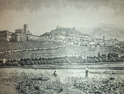 Gravure sur bois ancienne de la fin du XIXe siècle représentant une vue d'Assise