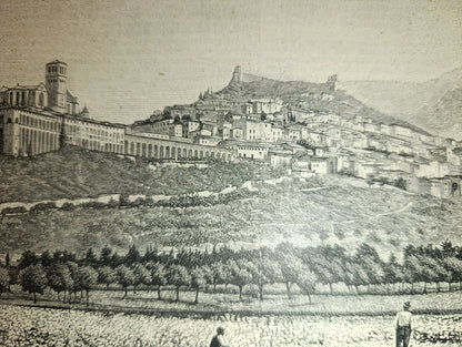 Gravure sur bois ancienne de la fin du XIXe siècle représentant une vue d'Assise