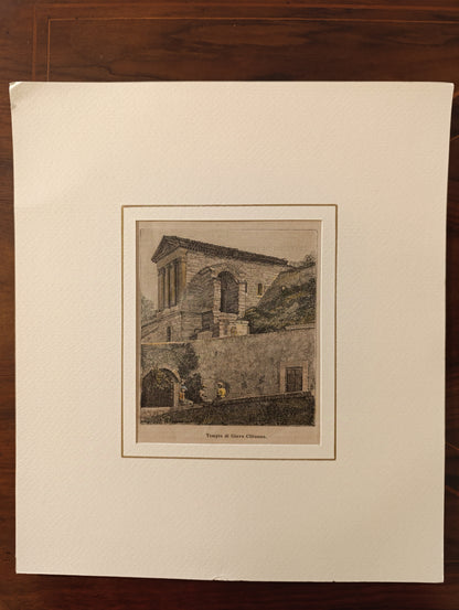 Gravure sur bois ancienne de la fin du XIXe siècle représentant le Tempietto sul Clitunno