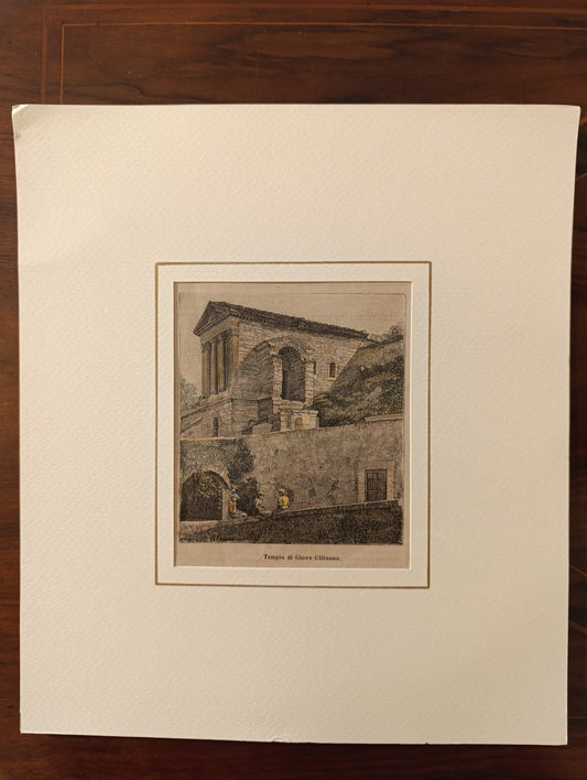 Gravure sur bois ancienne de la fin du XIXe siècle représentant le Tempietto sul Clitunno