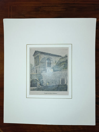 Gravure sur bois ancienne de la fin du XIXe siècle représentant le Tempietto sul Clitunno