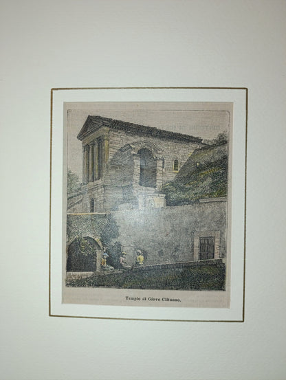 Gravure sur bois ancienne de la fin du XIXe siècle représentant le Tempietto sul Clitunno