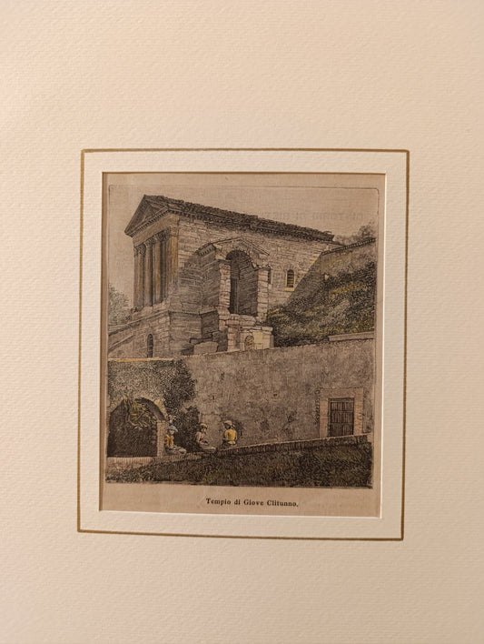 Gravure sur bois ancienne de la fin du XIXe siècle représentant le Tempietto sul Clitunno