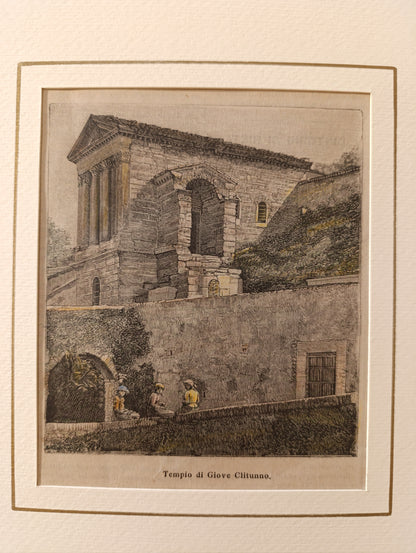 Gravure sur bois ancienne de la fin du XIXe siècle représentant le Tempietto sul Clitunno