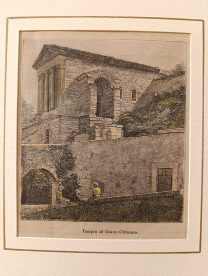 Gravure sur bois ancienne de la fin du XIXe siècle représentant le Tempietto sul Clitunno