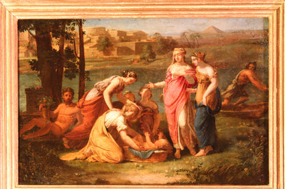 Antico Dipinto-Nicolas Poussin (1594-1665), Circolo di - Mosè salvato dalle acque